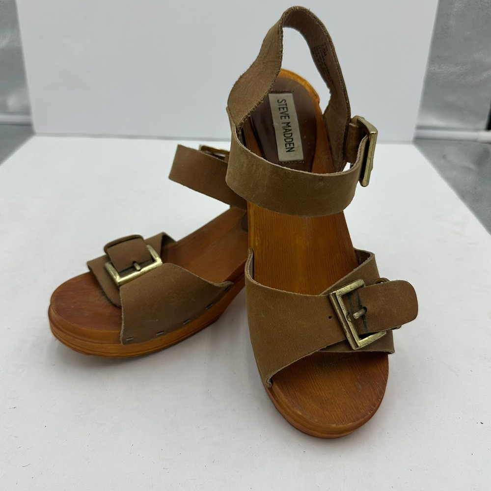 Steve Madden Womens Boho Nina Leather Wood Platform Clog Sandals Sz 7.5M Granola